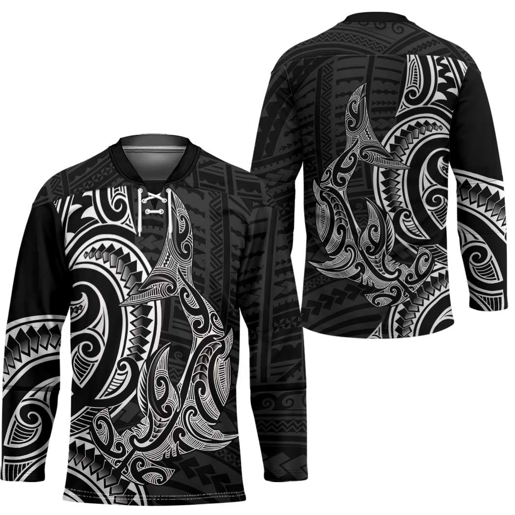 New Zealand Hammerhead Shark Hockey Jersey Maori Haehae Mangopare Black - Polynesian Pride