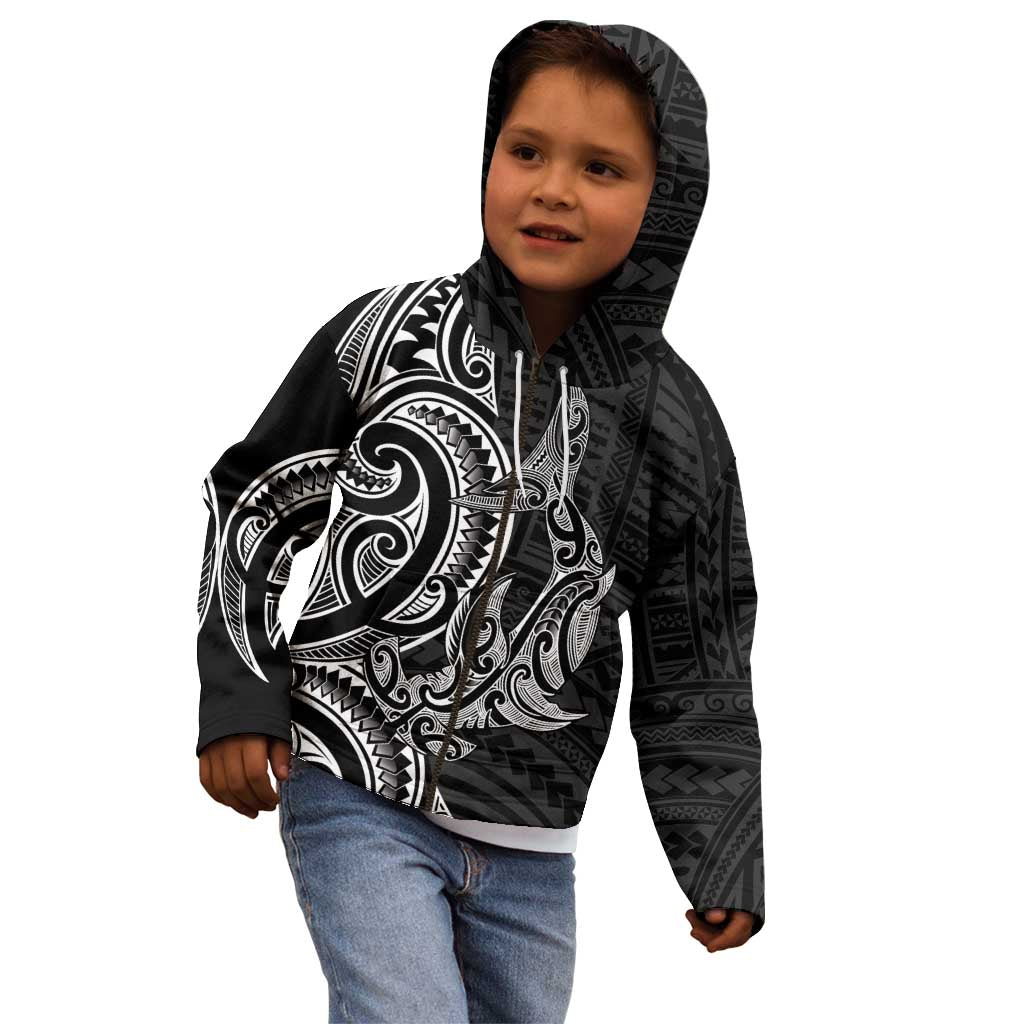 New Zealand Hammerhead Shark Kid Hoodie Maori Haehae Mangopare Black - Polynesian Pride