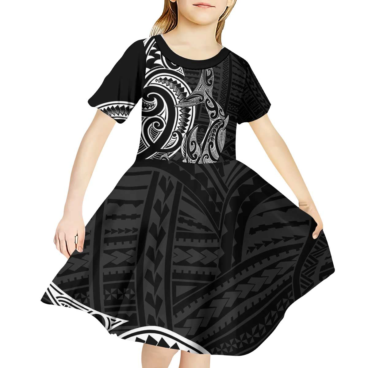 New Zealand Hammerhead Shark Kid Short Sleeve Dress Maori Haehae Mangopare Black - Polynesian Pride