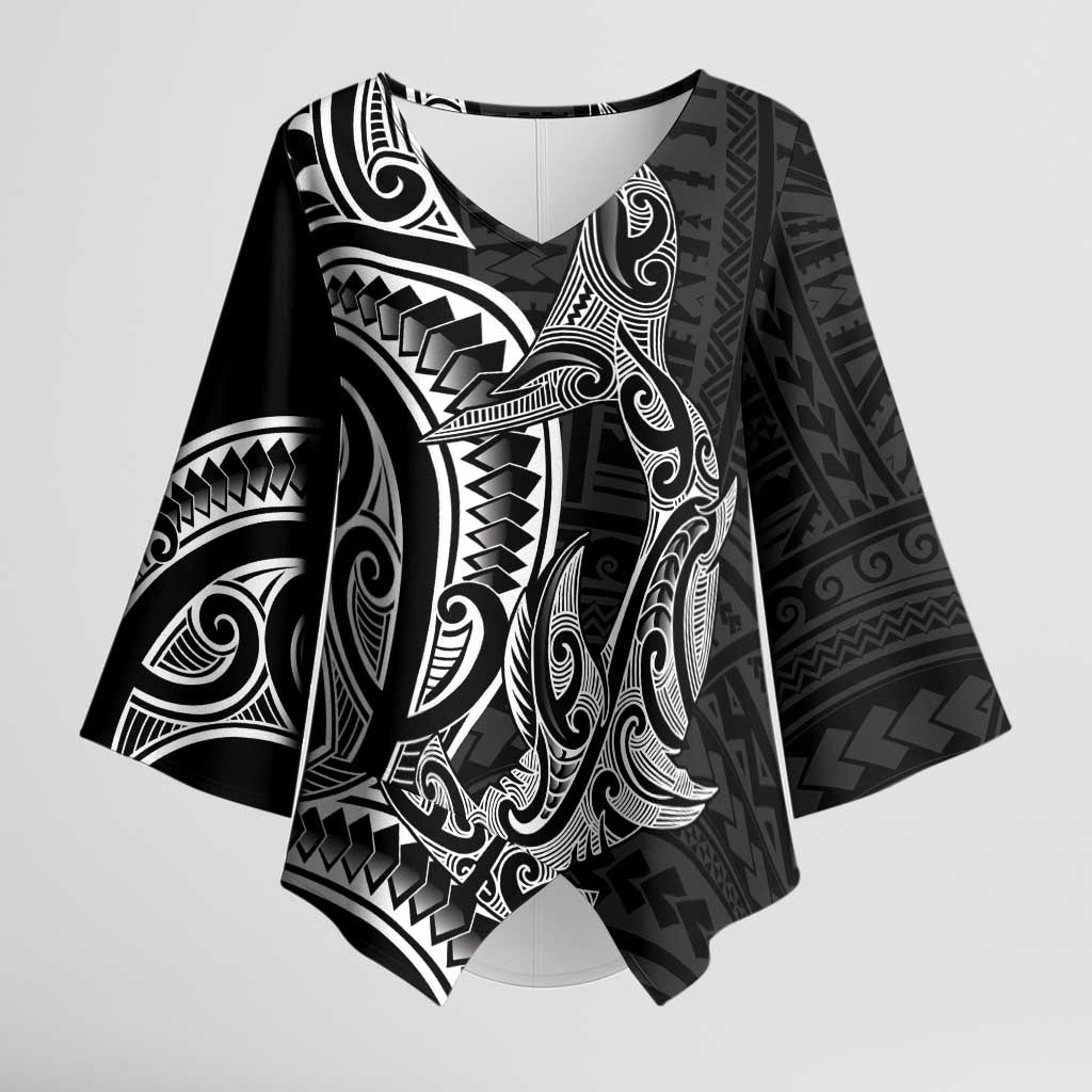 New Zealand Hammerhead Shark Kimono Sleeve Blouse Maori Haehae Mangopare Black - Polynesian Pride