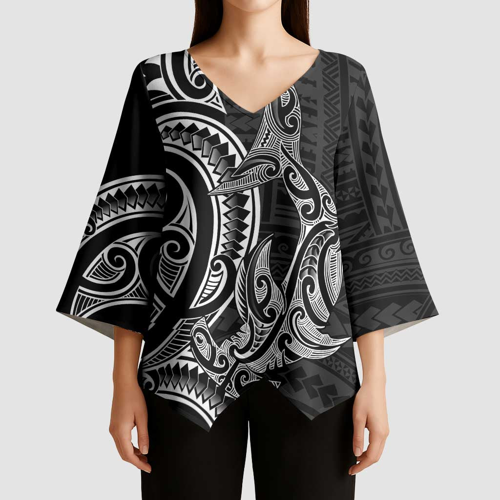New Zealand Hammerhead Shark Kimono Sleeve Blouse Maori Haehae Mangopare Black - Polynesian Pride