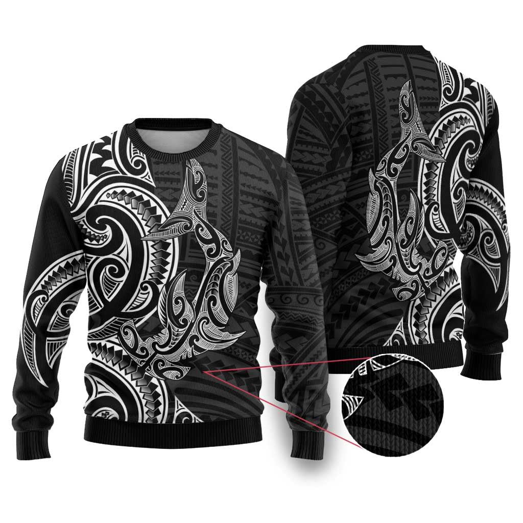 New Zealand Hammerhead Shark Ugly Christmas Sweater Maori Haehae Mangopare Black - Polynesian Pride