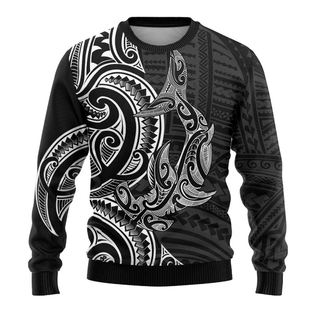 New Zealand Hammerhead Shark Ugly Christmas Sweater Maori Haehae Mangopare Black - Polynesian Pride