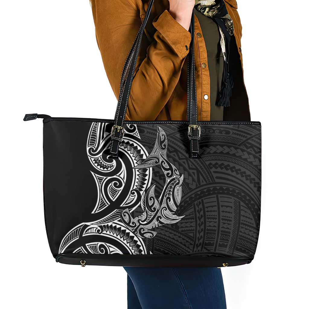 New Zealand Hammerhead Shark Leather Tote Bag Maori Haehae Mangopare Black - Polynesian Pride