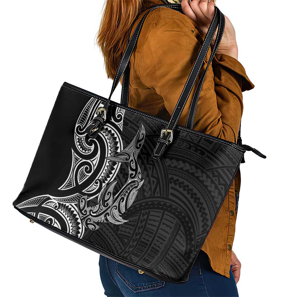 New Zealand Hammerhead Shark Leather Tote Bag Maori Haehae Mangopare Black - Polynesian Pride