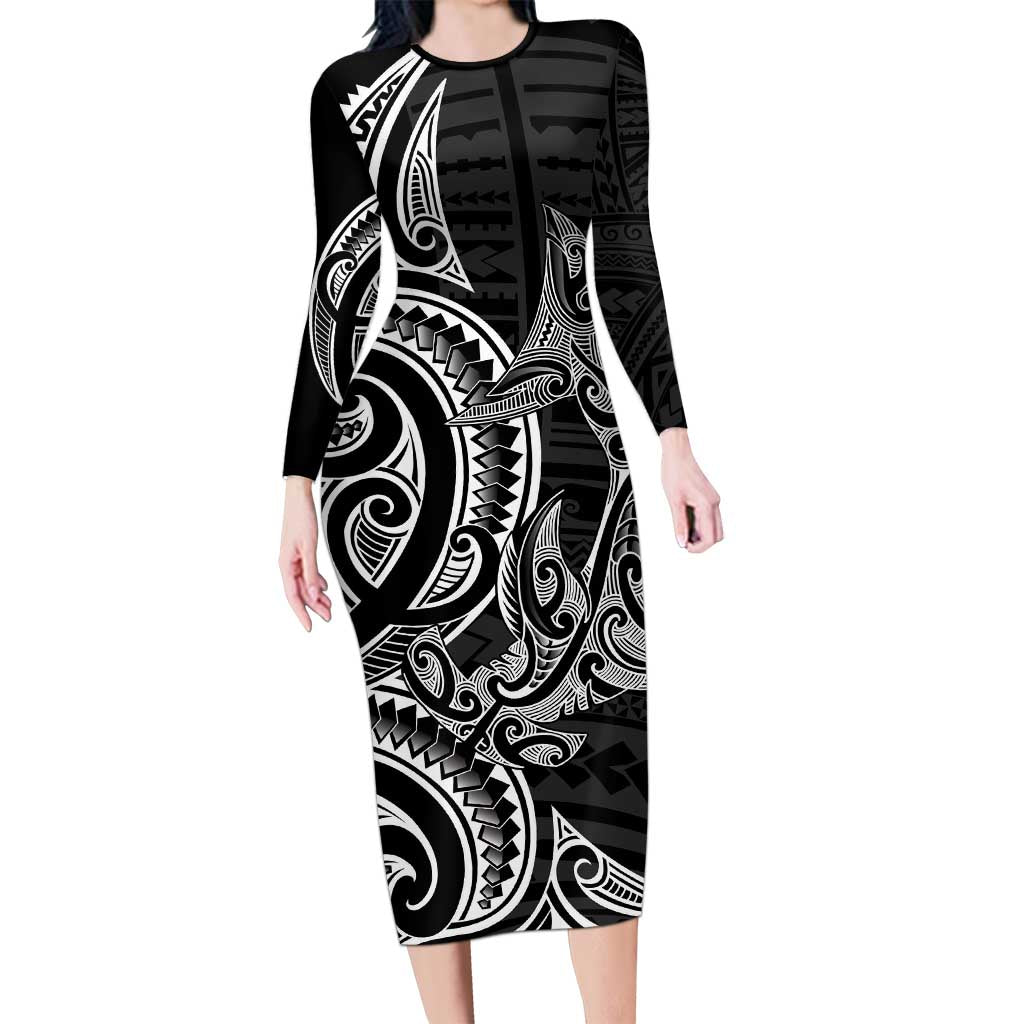 New Zealand Hammerhead Shark Long Sleeve Bodycon Dress Maori Haehae Mangopare Black - Polynesian Pride