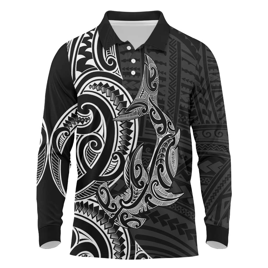 New Zealand Hammerhead Shark Long Sleeve Polo Shirt Maori Haehae Mangopare Black - Polynesian Pride