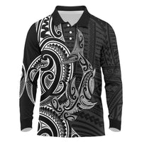New Zealand Hammerhead Shark Long Sleeve Polo Shirt Maori Haehae Mangopare Black - Polynesian Pride