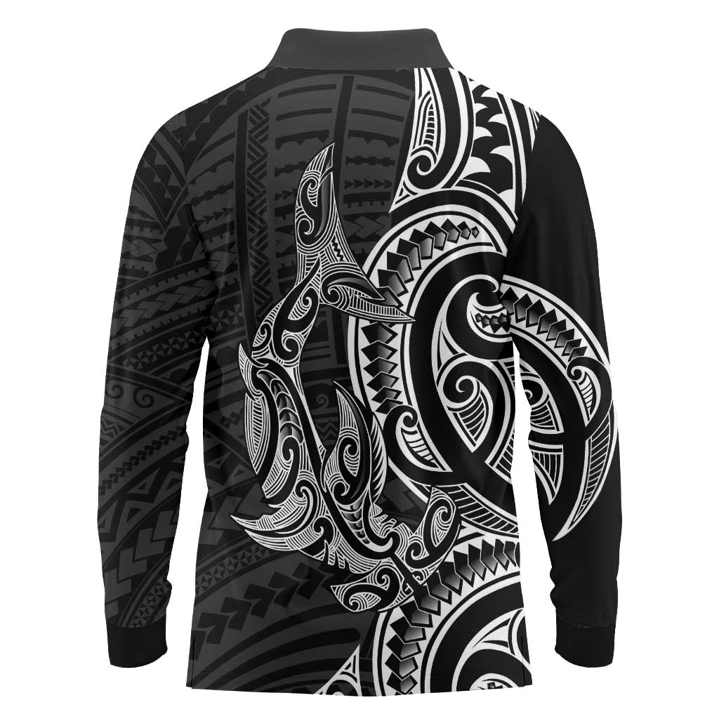 New Zealand Hammerhead Shark Long Sleeve Polo Shirt Maori Haehae Mangopare Black - Polynesian Pride