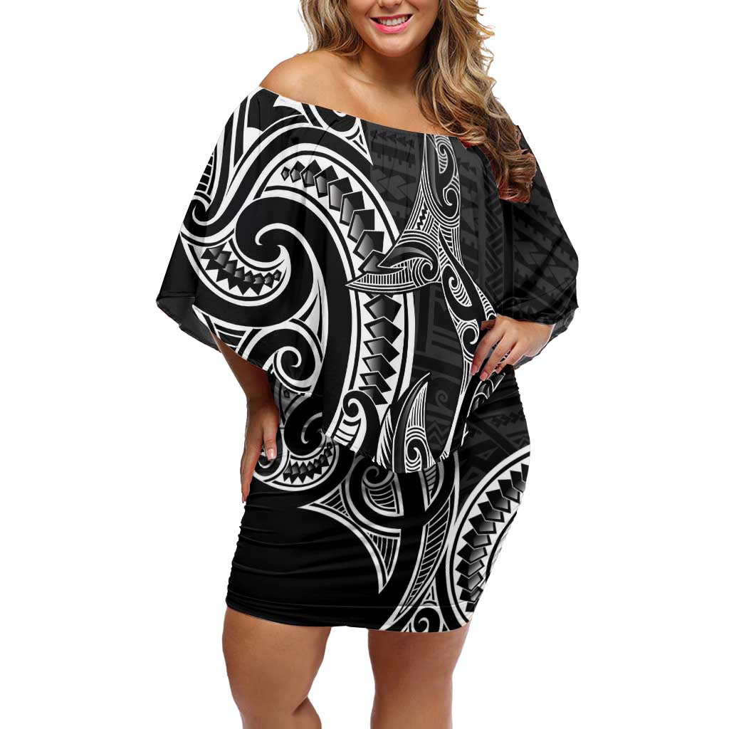 New Zealand Hammerhead Shark Off Shoulder Short Dress Maori Haehae Mangopare Black - Polynesian Pride