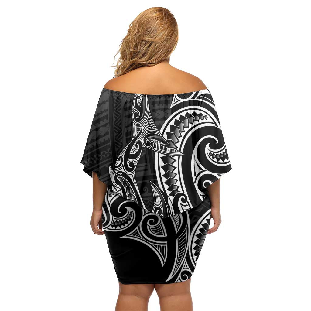 New Zealand Hammerhead Shark Off Shoulder Short Dress Maori Haehae Mangopare Black - Polynesian Pride