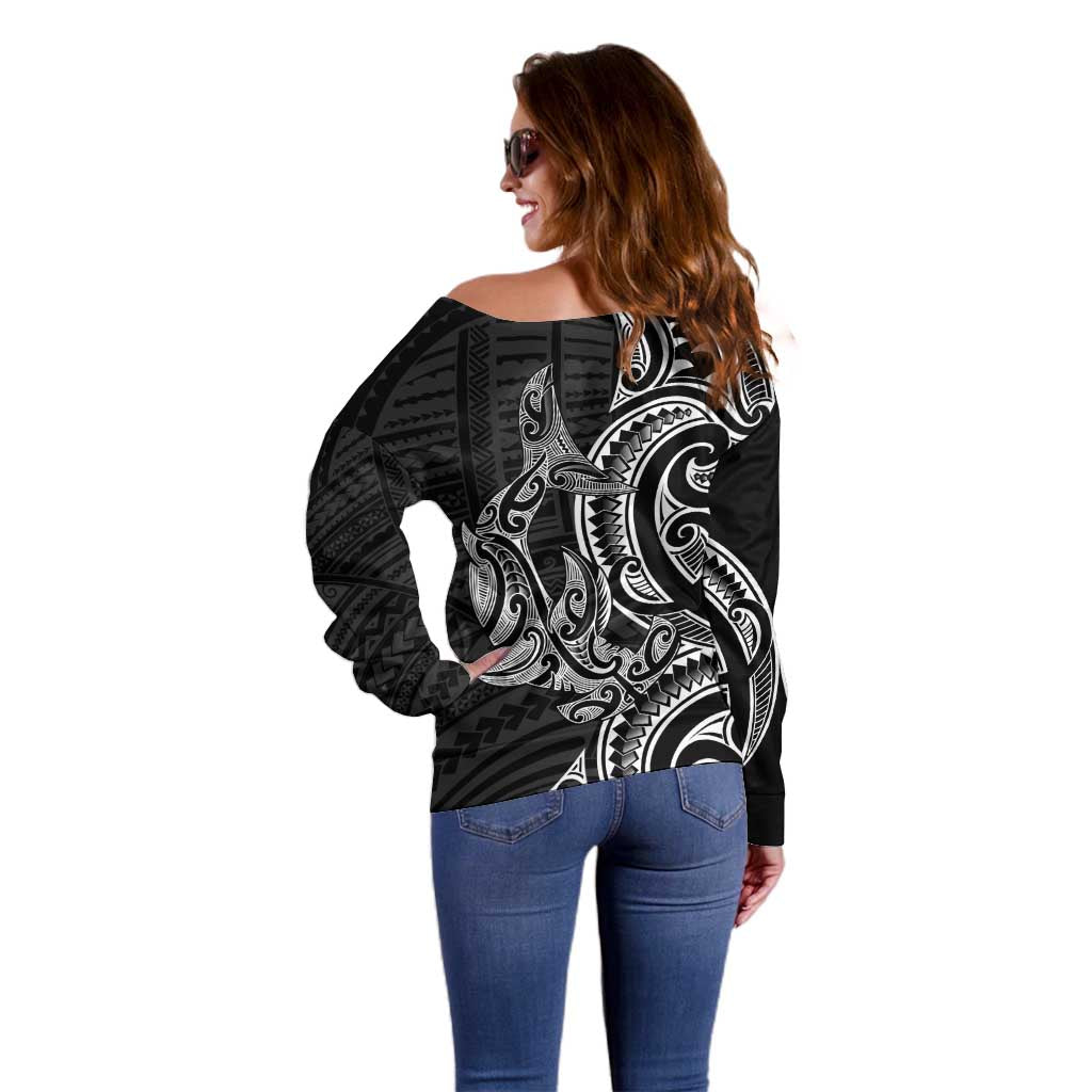 New Zealand Hammerhead Shark Off Shoulder Sweater Maori Haehae Mangopare Black - Polynesian Pride