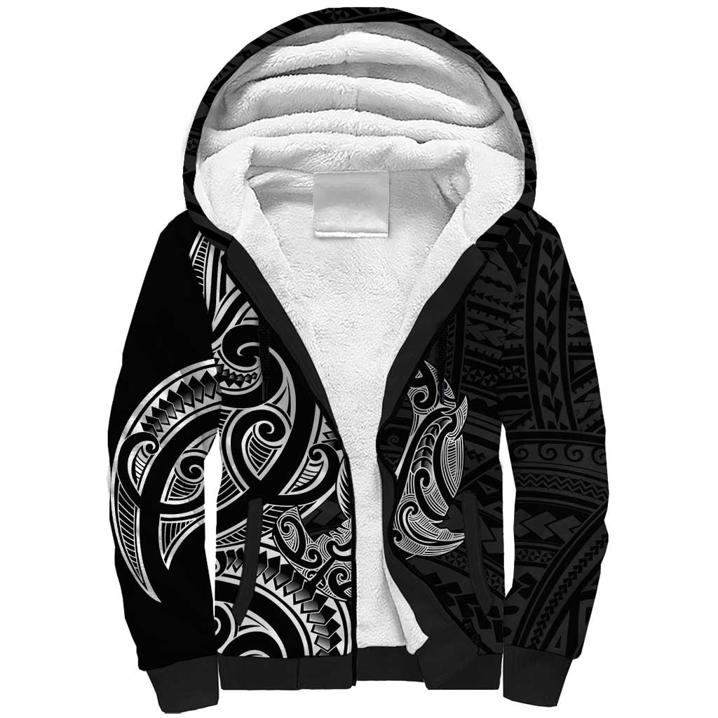 New Zealand Hammerhead Shark Sherpa Hoodie Maori Haehae Mangopare Black - Polynesian Pride