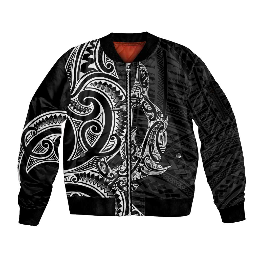 New Zealand Hammerhead Shark Sleeve Zip Bomber Jacket Maori Haehae Mangopare Black - Polynesian Pride
