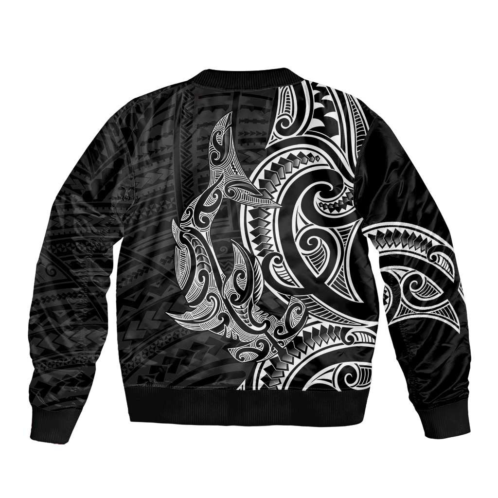 New Zealand Hammerhead Shark Sleeve Zip Bomber Jacket Maori Haehae Mangopare Black - Polynesian Pride