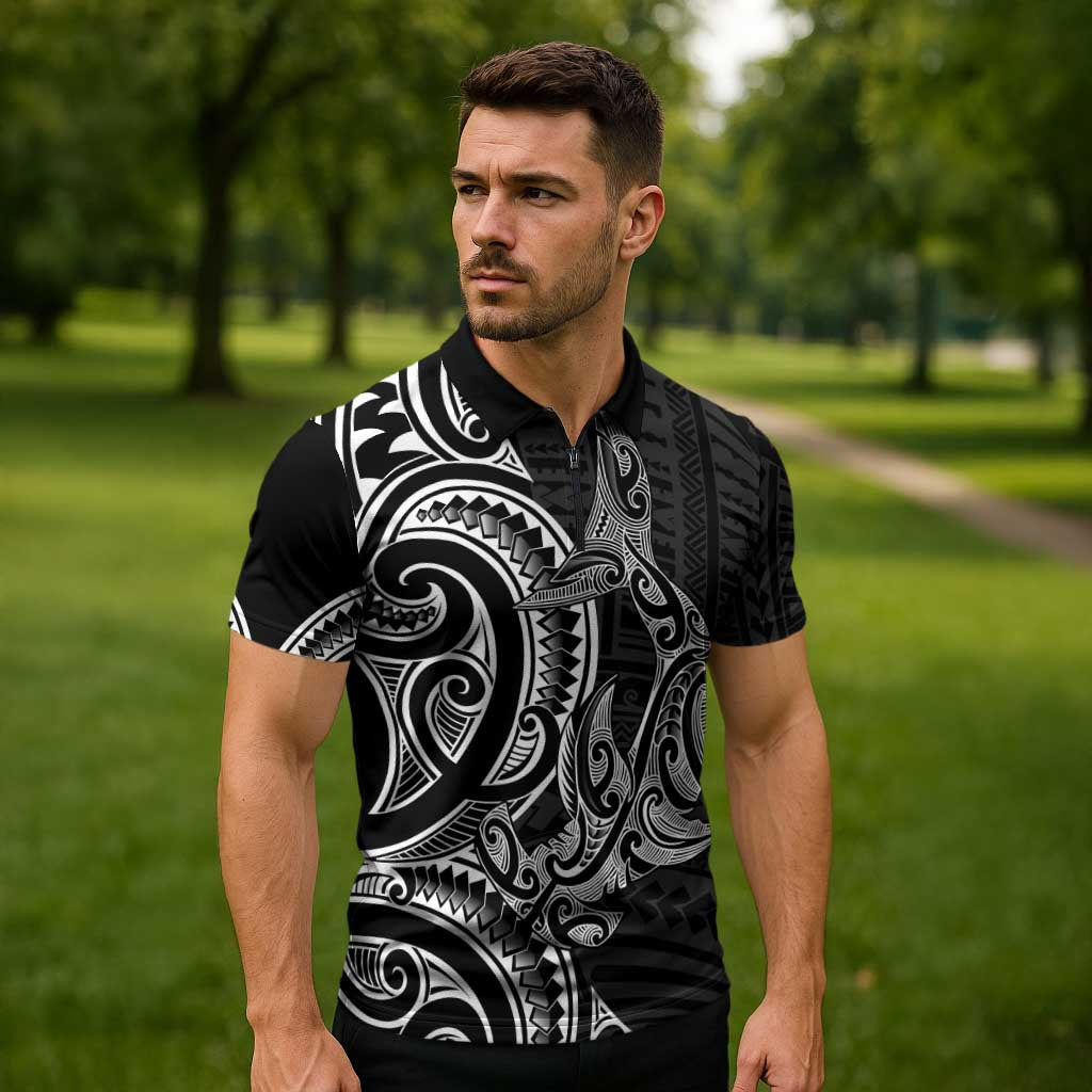 New Zealand Hammerhead Shark Zipper Polo Shirt Maori Haehae Mangopare Black - Polynesian Pride