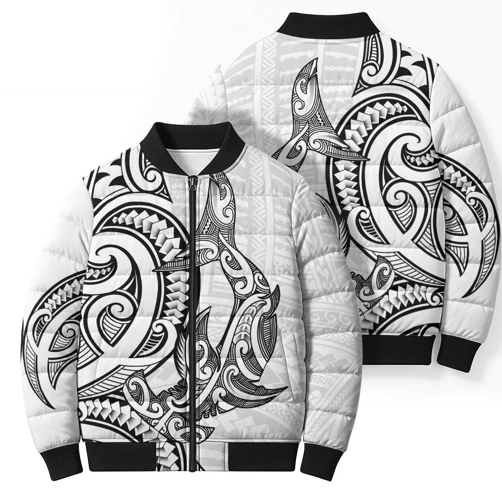 New Zealand Hammerhead Shark Bomber Puffer Jacket Maori Haehae Mangopare White - Polynesian Pride