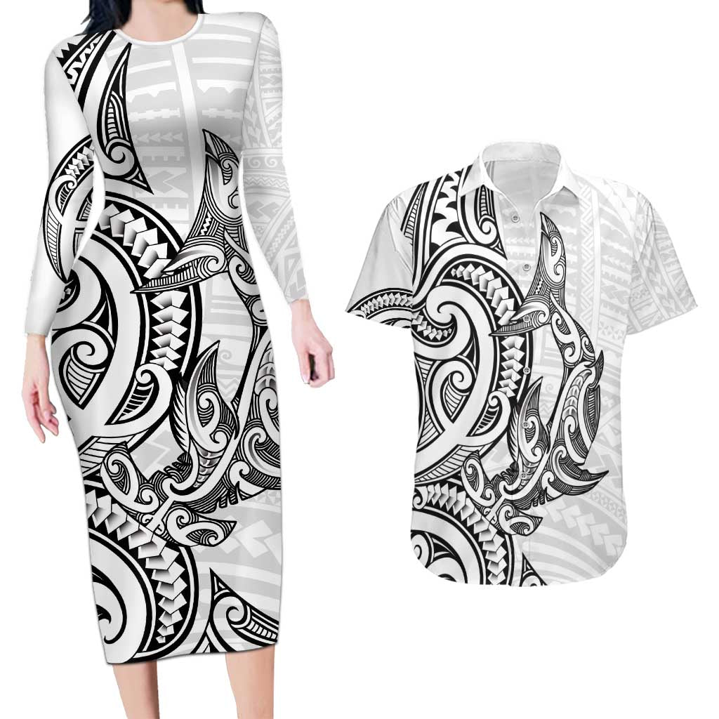 New Zealand Hammerhead Shark Couples Matching Long Sleeve Bodycon Dress and Hawaiian Shirt Maori Haehae Mangopare White - Polynesian Pride