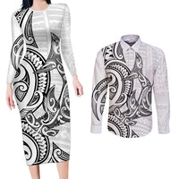 New Zealand Hammerhead Shark Couples Matching Long Sleeve Bodycon Dress and Long Sleeve Button Shirt Maori Haehae Mangopare White - Polynesian Pride
