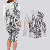 New Zealand Hammerhead Shark Couples Matching Long Sleeve Bodycon Dress and Long Sleeve Button Shirt Maori Haehae Mangopare White - Polynesian Pride