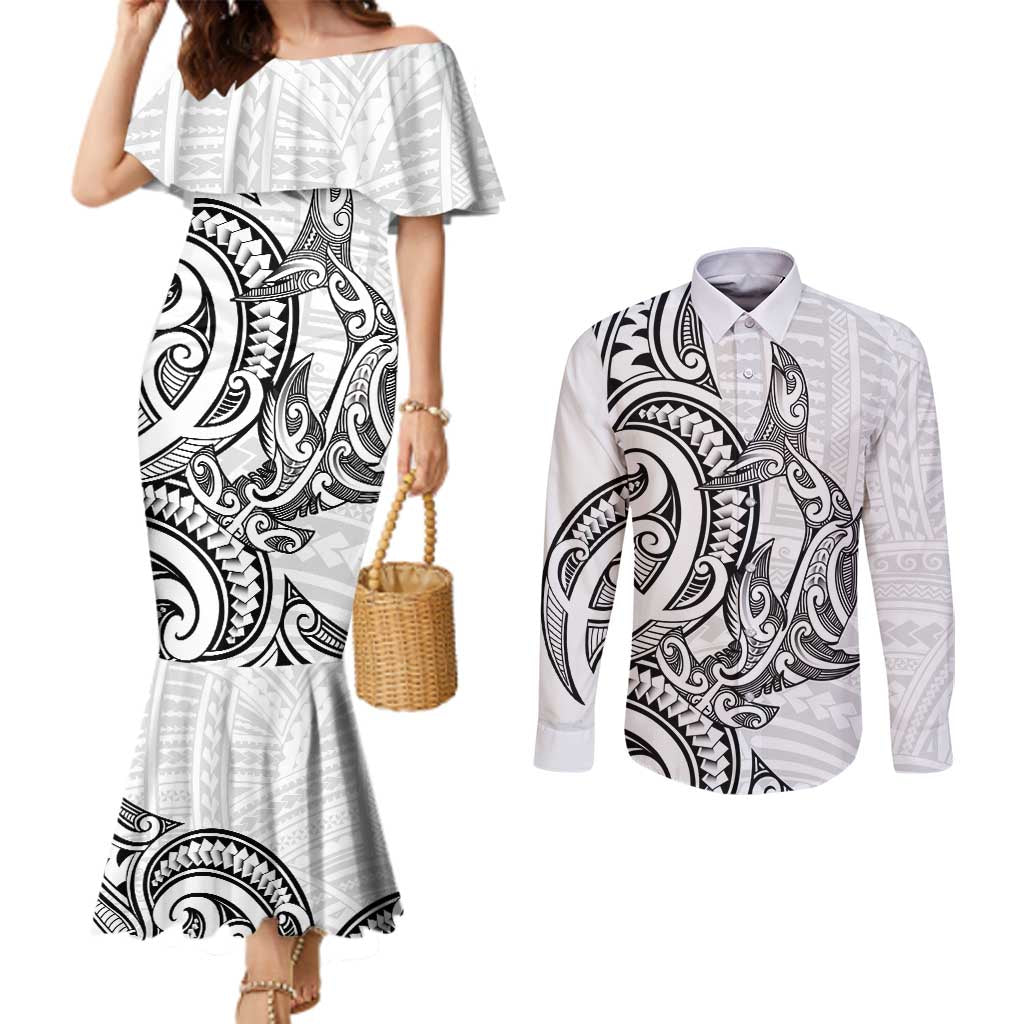 New Zealand Hammerhead Shark Couples Matching Mermaid Dress and Long Sleeve Button Shirt Maori Haehae Mangopare White - Polynesian Pride
