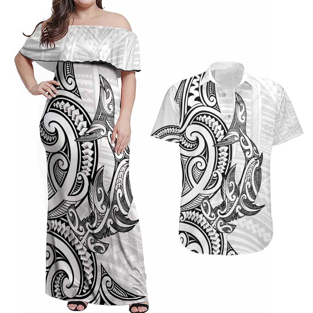 New Zealand Hammerhead Shark Couples Matching Off Shoulder Maxi Dress and Hawaiian Shirt Maori Haehae Mangopare White - Polynesian Pride