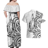 New Zealand Hammerhead Shark Couples Matching Off Shoulder Maxi Dress and Hawaiian Shirt Maori Haehae Mangopare White - Polynesian Pride