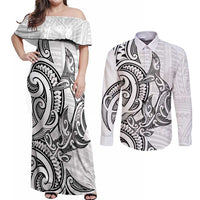 New Zealand Hammerhead Shark Couples Matching Off Shoulder Maxi Dress and Long Sleeve Button Shirt Maori Haehae Mangopare White - Polynesian Pride