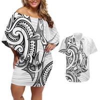 New Zealand Hammerhead Shark Couples Matching Off Shoulder Short Dress and Hawaiian Shirt Maori Haehae Mangopare White - Polynesian Pride