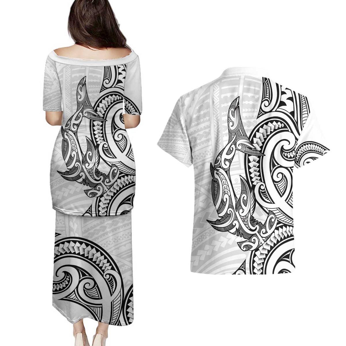 New Zealand Hammerhead Shark Couples Matching Puletasi and Hawaiian Shirt Maori Haehae Mangopare White - Polynesian Pride