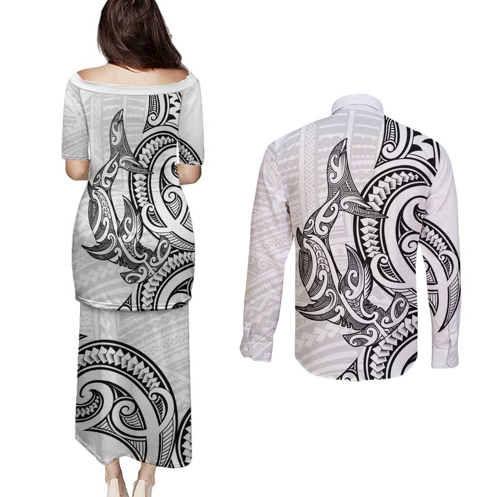 New Zealand Hammerhead Shark Couples Matching Puletasi and Long Sleeve Button Shirt Maori Haehae Mangopare White - Polynesian Pride