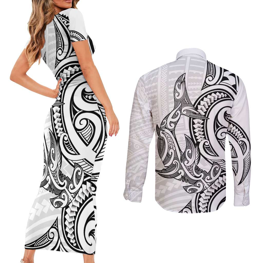 New Zealand Hammerhead Shark Couples Matching Short Sleeve Bodycon Dress and Long Sleeve Button Shirt Maori Haehae Mangopare White - Polynesian Pride