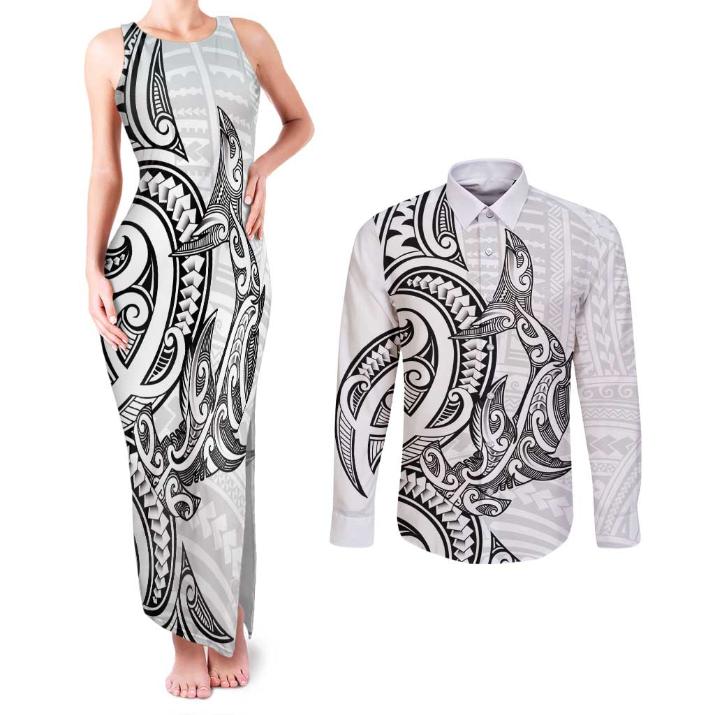 New Zealand Hammerhead Shark Couples Matching Tank Maxi Dress and Long Sleeve Button Shirt Maori Haehae Mangopare White - Polynesian Pride