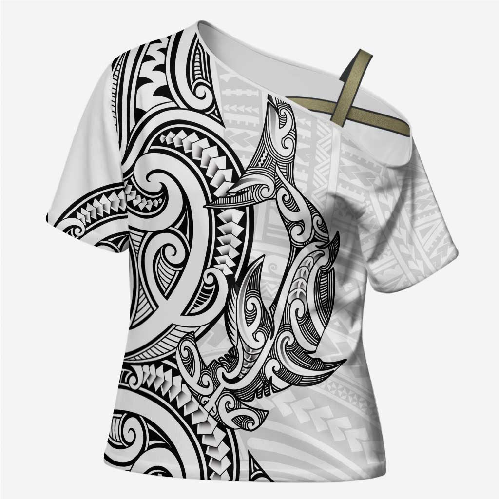 New Zealand Hammerhead Shark Cross Shoulder Shirt Maori Haehae Mangopare White - Polynesian Pride