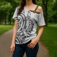 New Zealand Hammerhead Shark Cross Shoulder Shirt Maori Haehae Mangopare White - Polynesian Pride