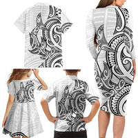 New Zealand Hammerhead Shark Family Matching Long Sleeve Bodycon Dress and Hawaiian Shirt Maori Haehae Mangopare White - Polynesian Pride