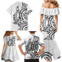 New Zealand Hammerhead Shark Family Matching Mermaid Dress and Hawaiian Shirt Maori Haehae Mangopare White - Polynesian Pride