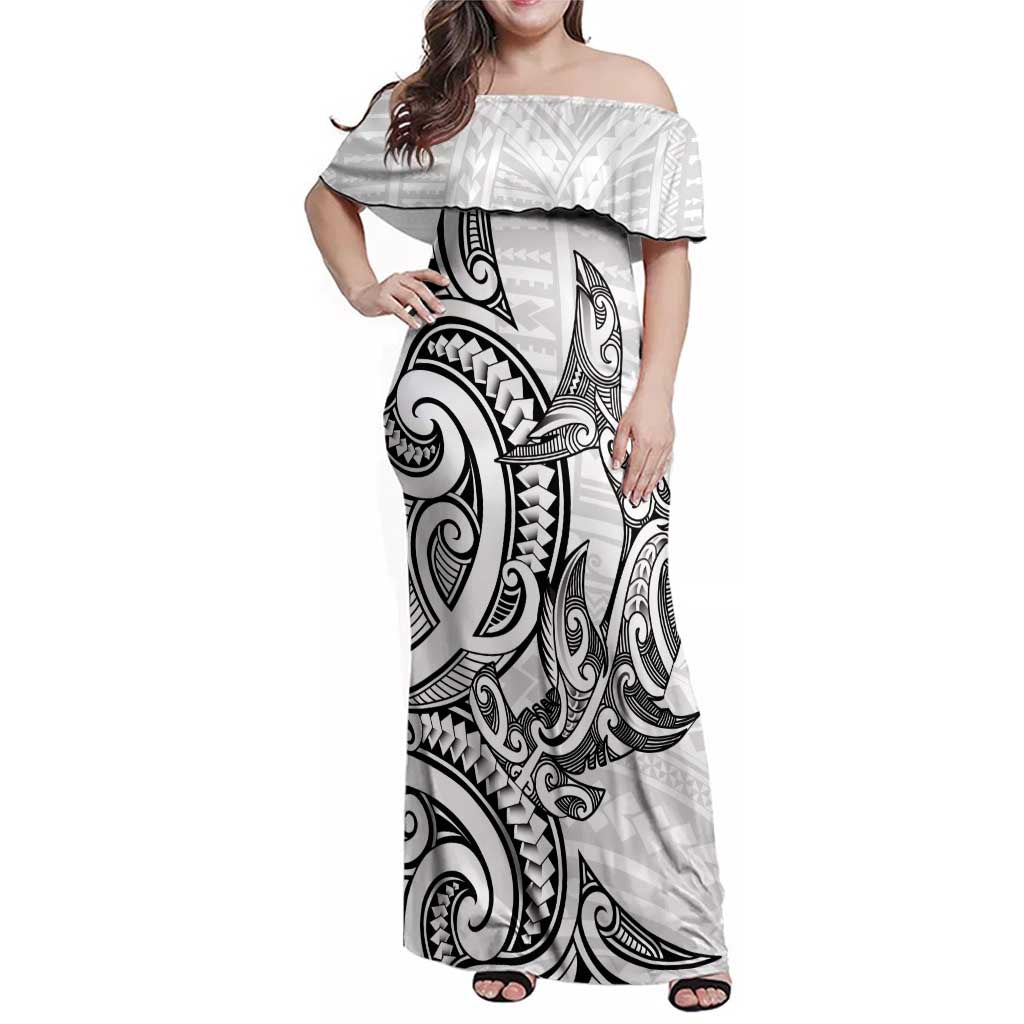 New Zealand Hammerhead Shark Family Matching Off Shoulder Maxi Dress and Hawaiian Shirt Maori Haehae Mangopare White - Polynesian Pride