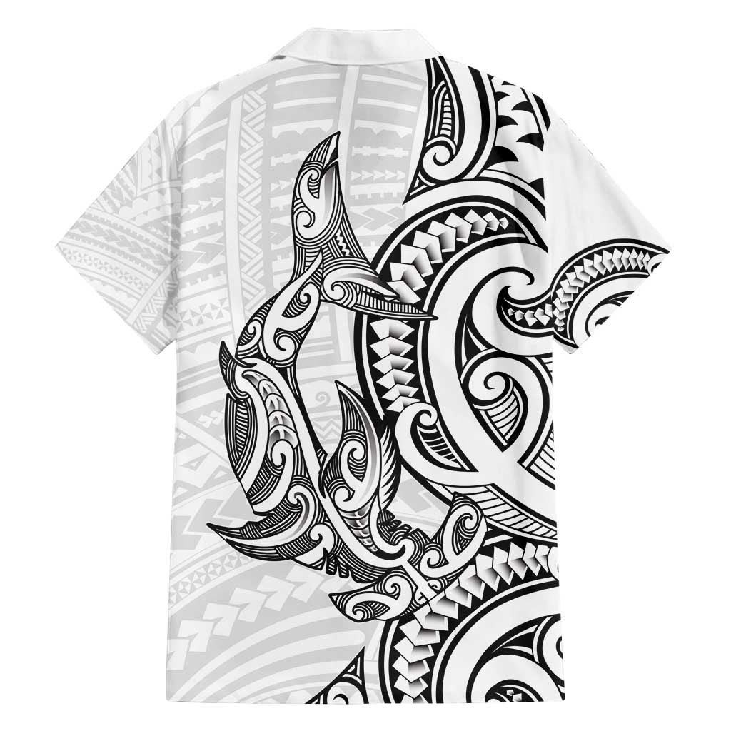 New Zealand Hammerhead Shark Family Matching Off Shoulder Short Dress and Hawaiian Shirt Maori Haehae Mangopare White - Polynesian Pride