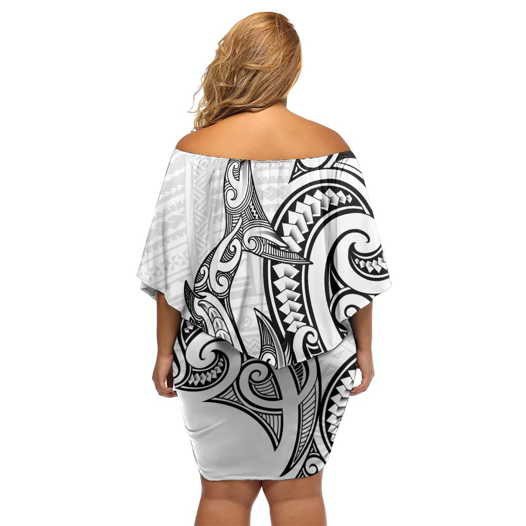 New Zealand Hammerhead Shark Family Matching Off Shoulder Short Dress and Hawaiian Shirt Maori Haehae Mangopare White - Polynesian Pride