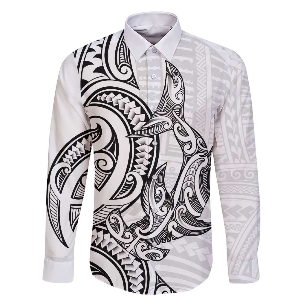 New Zealand Hammerhead Shark Family Matching Short Sleeve Bodycon Dress and Hawaiian Shirt Maori Haehae Mangopare White - Polynesian Pride