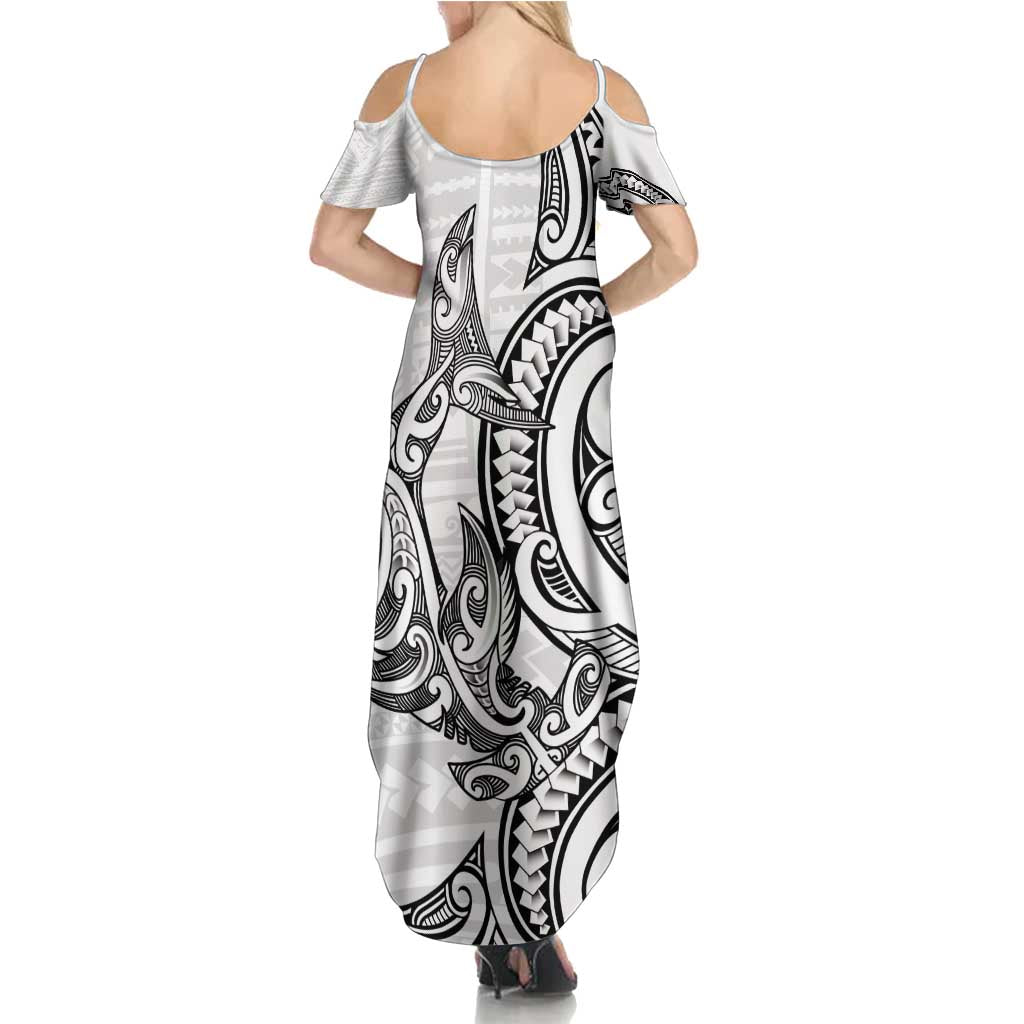 New Zealand Hammerhead Shark Family Matching Summer Maxi Dress and Hawaiian Shirt Maori Haehae Mangopare White - Polynesian Pride