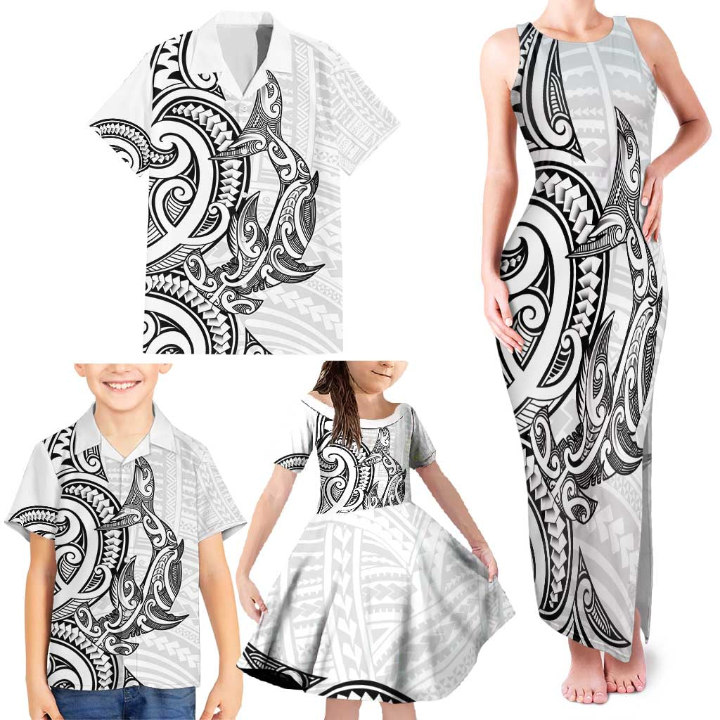 New Zealand Hammerhead Shark Family Matching Tank Maxi Dress and Hawaiian Shirt Maori Haehae Mangopare White - Polynesian Pride