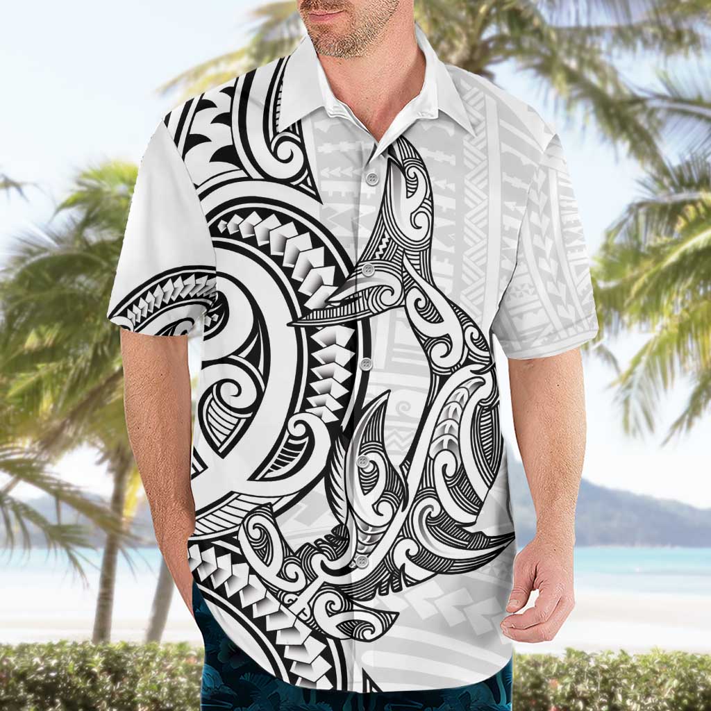 New Zealand Hammerhead Shark Hawaiian Shirt Maori Haehae Mangopare White - Polynesian Pride