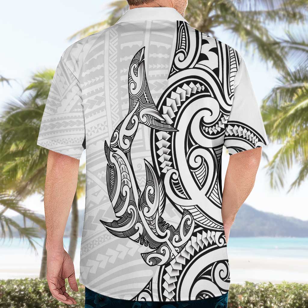 New Zealand Hammerhead Shark Hawaiian Shirt Maori Haehae Mangopare White - Polynesian Pride