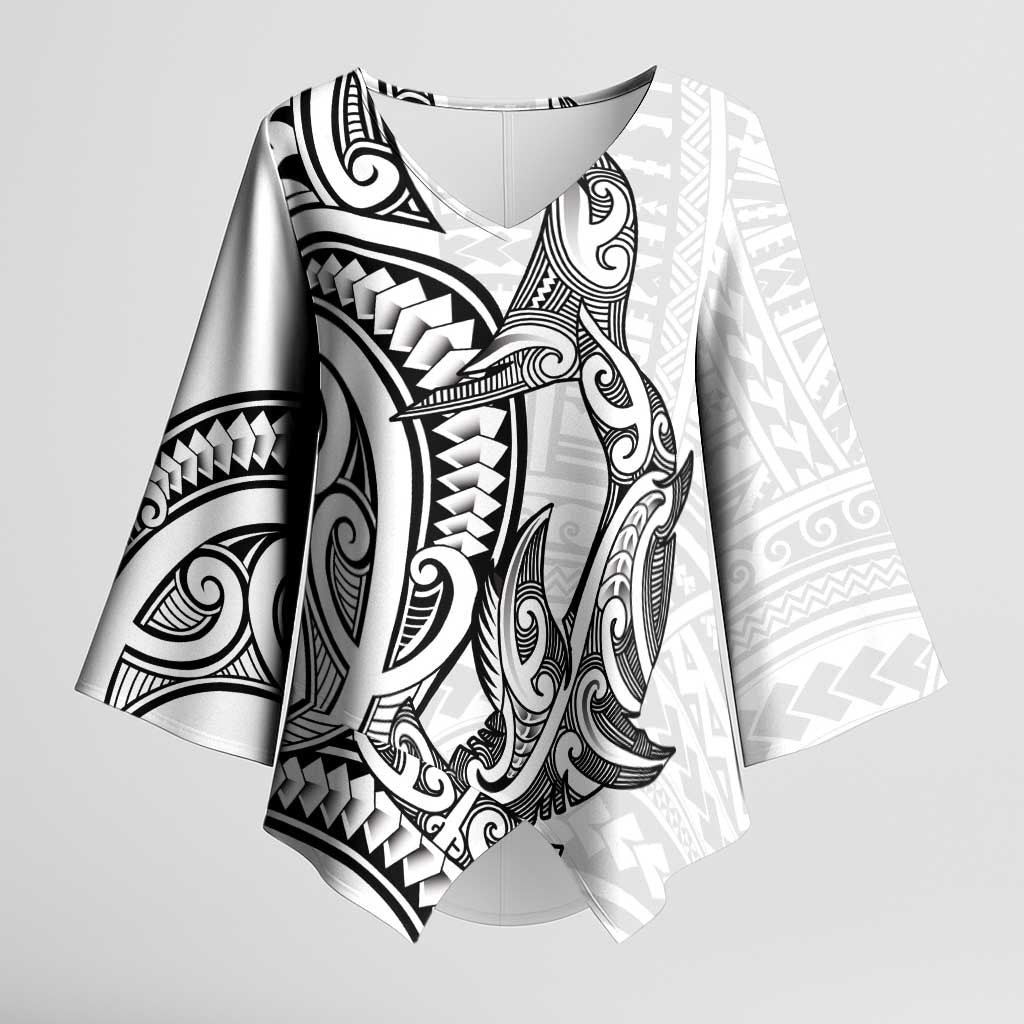 New Zealand Hammerhead Shark Kimono Sleeve Blouse Maori Haehae Mangopare White - Polynesian Pride