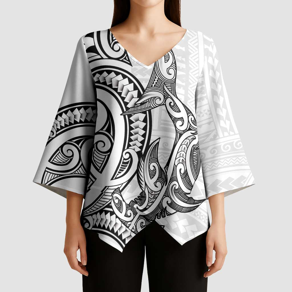 New Zealand Hammerhead Shark Kimono Sleeve Blouse Maori Haehae Mangopare White - Polynesian Pride