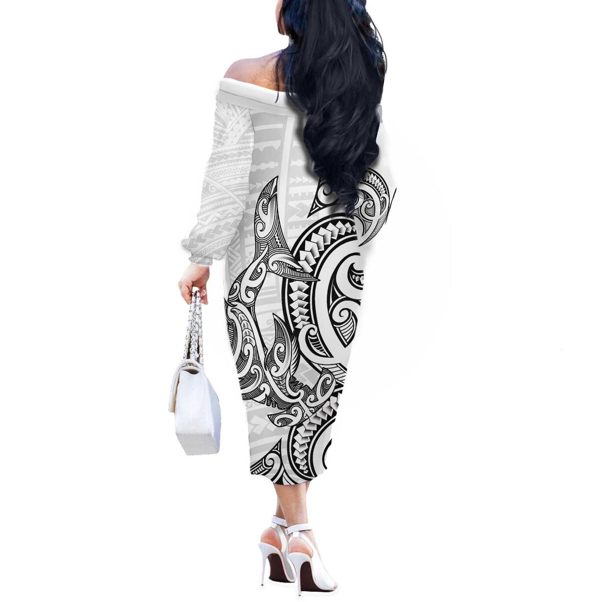 New Zealand Hammerhead Shark Off The Shoulder Long Sleeve Dress Maori Haehae Mangopare White - Polynesian Pride