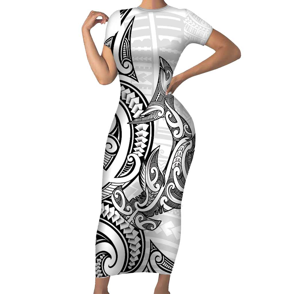 New Zealand Hammerhead Shark Short Sleeve Bodycon Dress Maori Haehae Mangopare White - Polynesian Pride