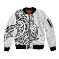 New Zealand Hammerhead Shark Sleeve Zip Bomber Jacket Maori Haehae Mangopare White - Polynesian Pride
